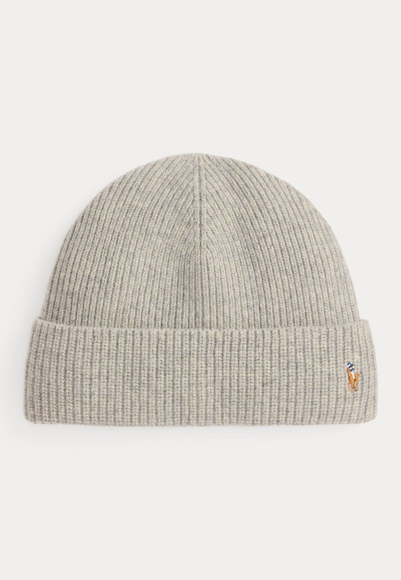 Gray knit beanie with a ribbed texture and a rolled cuff. Features a small embroidered logo of a horse on the side.