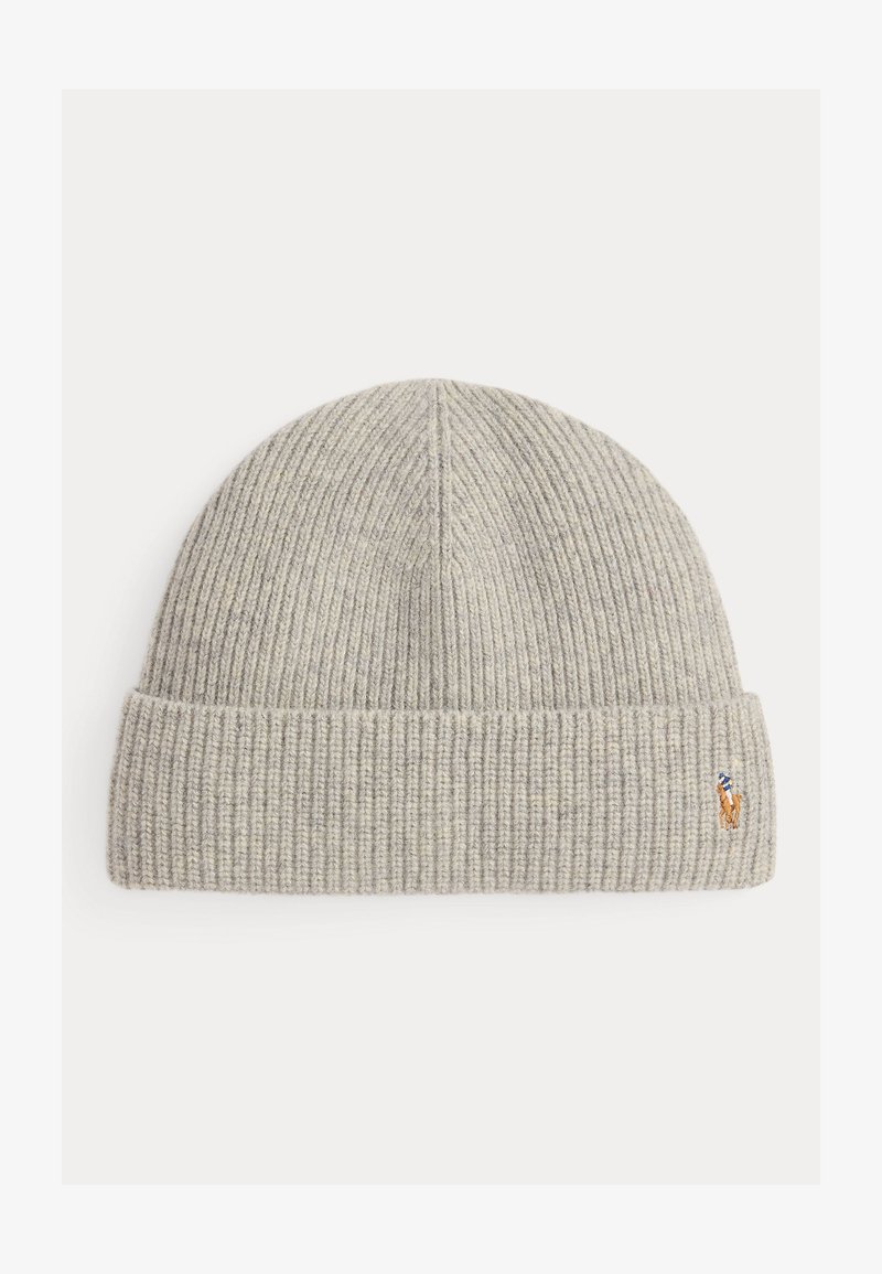 Gray knit beanie with a ribbed texture and a rolled cuff. Features a small embroidered logo of a horse on the side.