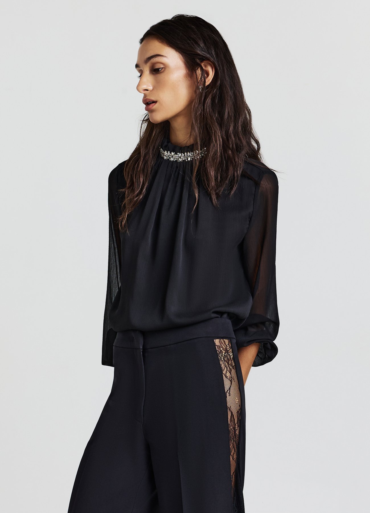Rooscier Camicetta Elegante Donna Con Volant E Collo A Lupetto, Maniche Lunghe, In Chiffon, Taglie XS-XXL