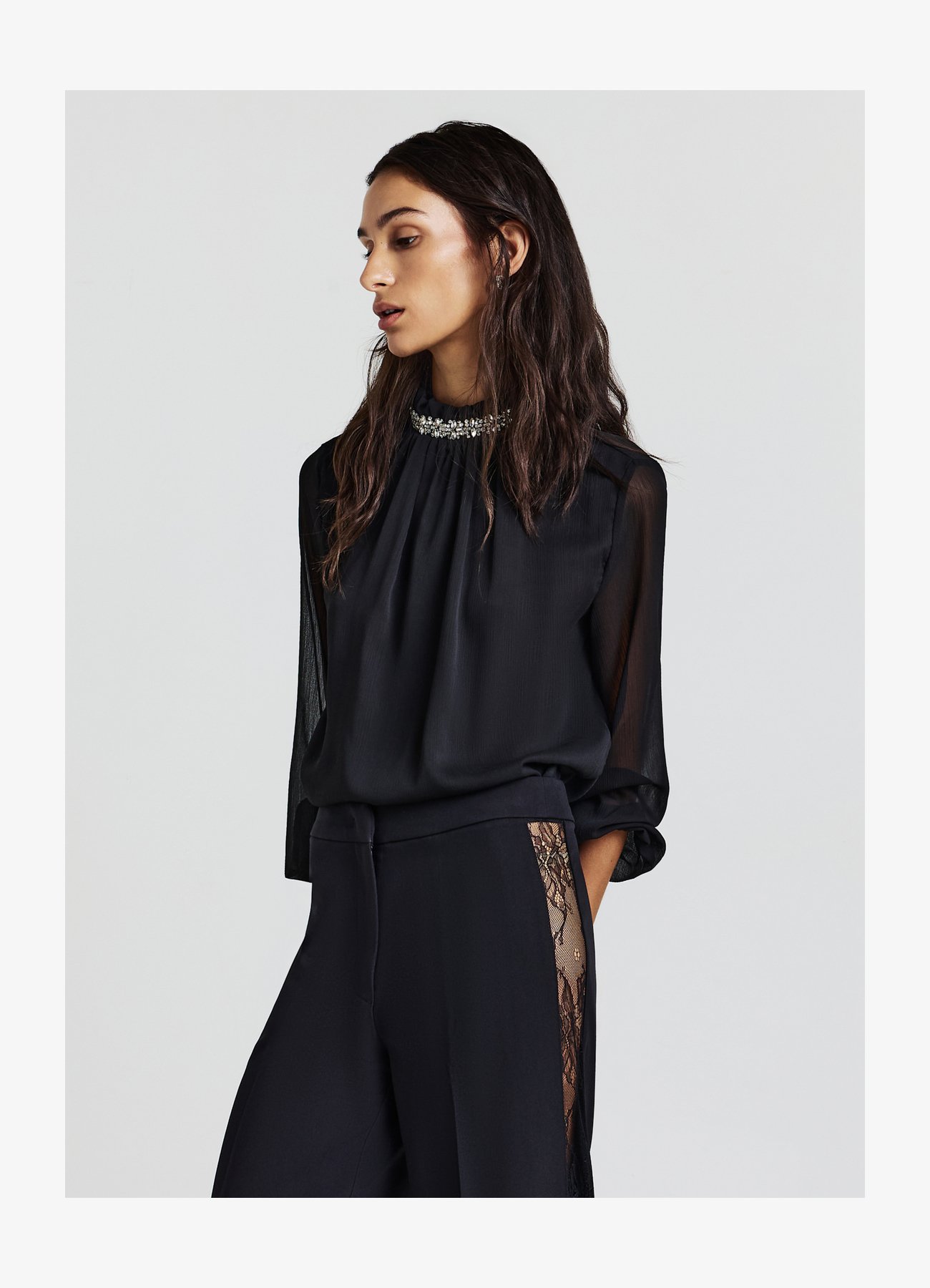 Rooscier Camicetta Elegante Donna Con Volant E Collo A Lupetto, Maniche Lunghe, In Chiffon, Taglie XS-XXL