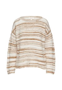 Sweter w paski w kremowych i brązowych odcieniach, z szerokim dekoltem, długimi rękawami i teksturowanym wzorem dzianiny. Miękki, luźny krój.