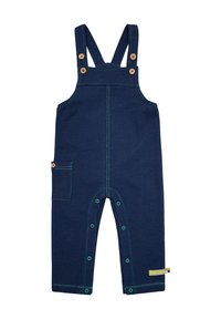 Salopette in denim blu scuro con cuciture verdi, bottoni in legno, tasca sul petto e automatici alle gambe per una vestizione facile.