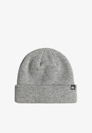 Gray knitted beanie with a rolled cuff, made of soft fabric. Features a black brand tag with a white logo on the side.