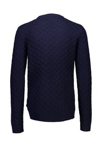 Maglione navy lavorato a maglia con un motivo a diamante testurizzato, scollo a girocollo e polsini a costine. Presenta maniche lunghe e una vita aderente.