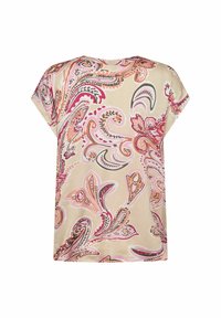 Blouse à manches courtes en satin crème avec un motif paisley coloré en rose, vert et marron. Coupe décontractée, col rond et texture douce.