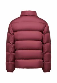 Giacca puffa bordeaux con design a quadri, colletto alto e polsini elasticizzati. Tessuto morbido e materiale leggero per il calore.