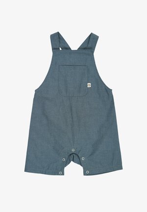 Tutina in denim blu per bambini piccoli con tasca frontale, spalline incrociate e bottoni automatici all’altezza del cavallo per facilitare il cambio del pannolino.