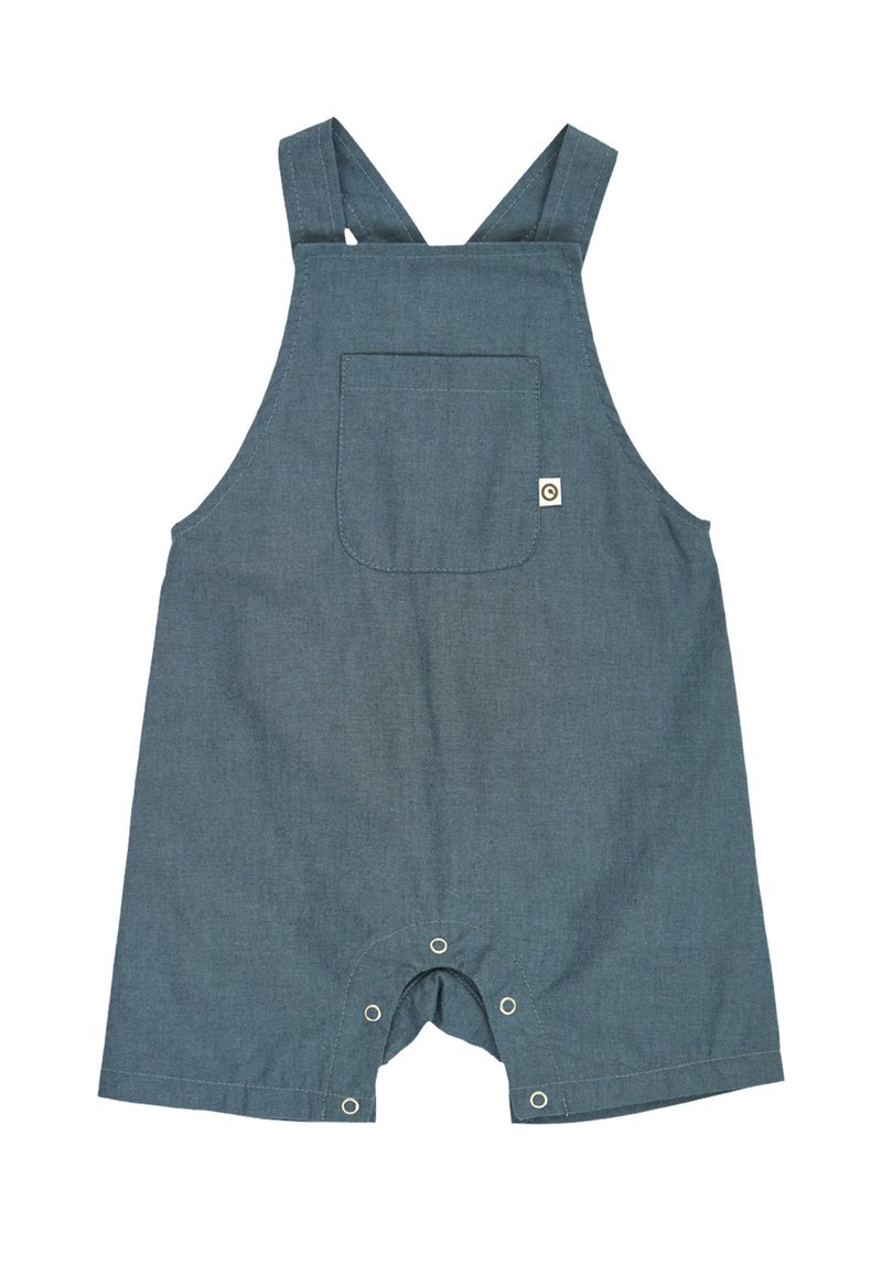 Combinaison bleu en denim pour tout-petit avec poche avant, bretelles croisées aux épaules et boutons-pression à l’entrejambe pour faciliter le change.