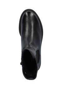 Black leather ankle boot with a textured finish, rounded toe, side zip closure, and flat rubber sole; view from above.