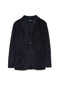 Blazer in velluto a coste blu navy con colletto a risvolto, due tasche frontali e chiusura con un bottone singolo. Tessuto texturizzato con righe verticali.