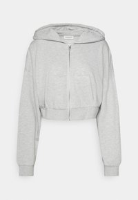 Skuren grå hoodie i mjukt tyg, med full dragkedja framtill, två framfickor och en huva med ribbat manschettdetalj.
