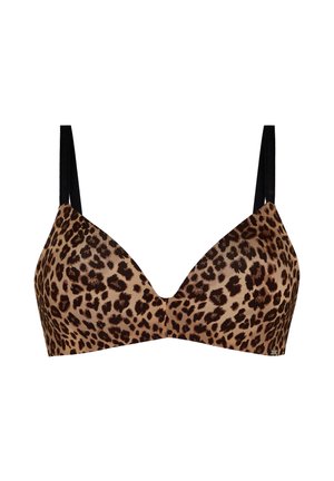 Soutien-gorge à imprimé léopard avec bretelles noires réglables et bonnets moulés sans coutures, présenté sur fond blanc.