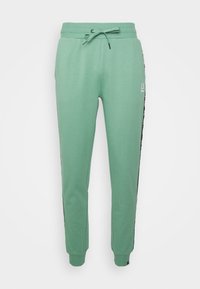 Mintgröna joggingbyxor i mjukt tyg, med dragsko i midjan, elastiska muddar och svarta sido-överdrag med logodetalj.