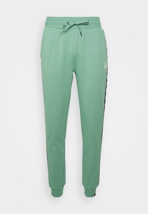 Mintgroene joggers van zacht materiaal, met een koorden tailleband, elastische boorden en zwarte zijstrepen met een logo detail.