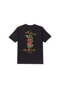 Zwarte katoenen t-shirt met een multikleurige graphic op de achterkant, voorzien van tekst en een illustratie van een slang, ronde hals en korte mouwen.
