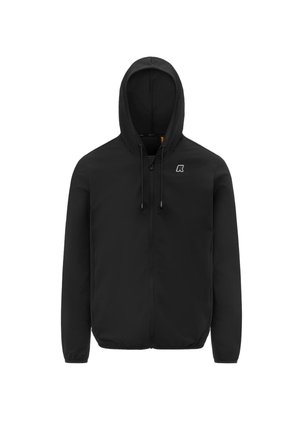 Felpa nera con cappuccio e zip, cordini, polsini elasticizzati e piccolo logo bianco sul petto sinistro, mostrata su sfondo bianco.