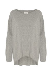 Grå oversized pullovertröja med breda axlar, långa ärmar och rundad nederkant. Tillverkad av ett mjukt, texturerat stickat material.