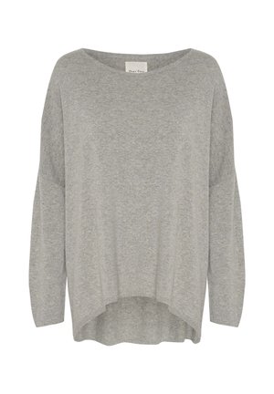 Sivi oversized pulover s širokim izrezom, dugim rukavima i zaobljenim rubom. Izrađen od mekog, teksturiranog pletenog materijala.