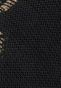 Zwarte mesh stof verweven met een beige kantdetail, met een fijne, open gebreide textuur en een contrasterend randontwerp.