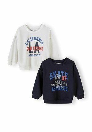 To børns sweatshirts: hvid med teksten "California LA San Diego Athl State" og marineblå med teksten "Skate 97 N.Y.C Asaurus" samt en dinosaur grafik.