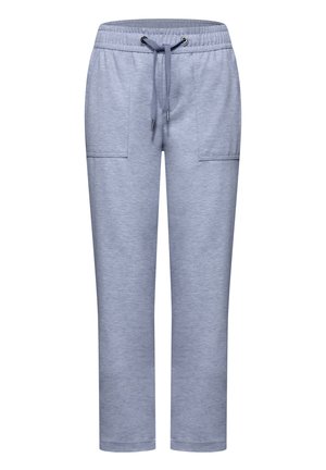 Pantalon décontracté bleu clair avec taille élastique, cordon ajustable et grandes poches plaquées devant, coupe droite.
