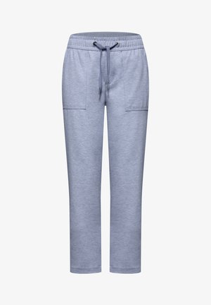 Pantalon décontracté bleu clair avec taille élastique, cordon ajustable et grandes poches plaquées devant, coupe droite.