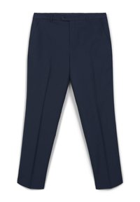 Marineblaue Hose mit geradem Bein, Ein-Knopf-Verschluss und Seitentaschen. Glattes Material und minimalistische Details.