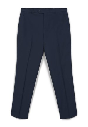 Pantaloni blu navy con design a gamba dritta, chiusura con un bottone e tasche laterali. Tessuto morbido e dettagli minimalisti.