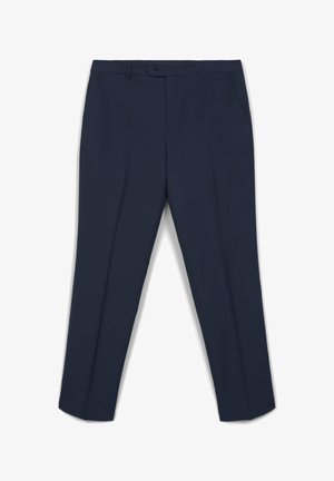 Marineblaue Hose mit geradem Bein, Ein-Knopf-Verschluss und Seitentaschen. Glattes Material und minimalistische Details.