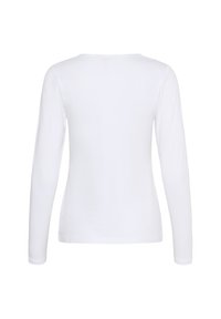 White long-sleeve shirt made from smooth fabric. Features a round neckline and fitted silhouette, with no visible patterns or accents.