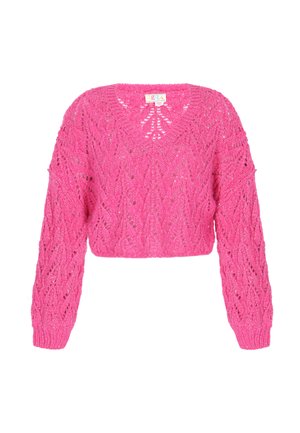 Gehaakt sweater in felroze, met een V-hals, lange mouwen en een ingewikkeld kantpatroon. Korte, losse pasvorm met geribde manchet.