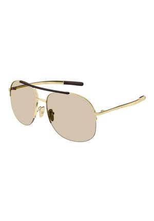 Gafas de sol aviador con montura metálica dorada, lentes marrón claro y puntas negras en las varillas.
