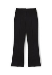 Zwarte broek met een uitgerokend ontwerp, gemaakt van geweven stof, met voorplooien en een gladde tailleband. Geen zakken of zichtbare hardware.
