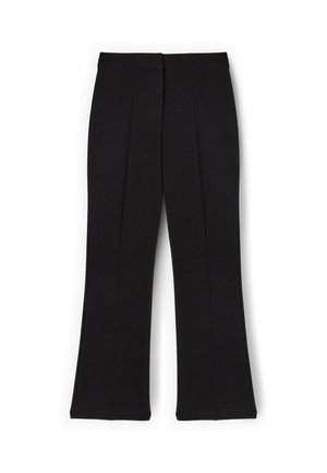 Pantaloni neri con design a gamba svasata, realizzati in tessuto intrecciato, caratterizzati da pieghe frontali e una cintura liscia. Senza tasche né hardware visibile.