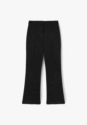 Zwarte broek met een uitgerokend ontwerp, gemaakt van geweven stof, met voorplooien en een gladde tailleband. Geen zakken of zichtbare hardware.