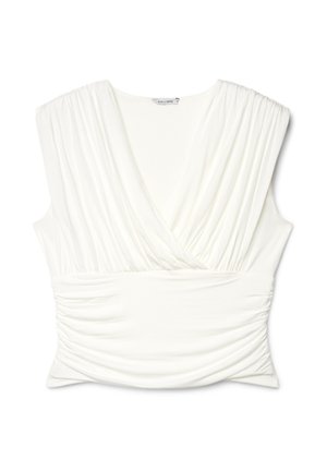White sleeveless top with deep V-neck, ruched fabric on shoulders and waist, labeled Calliope.