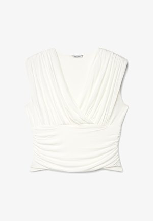 Weißes ärmelloses Top mit tiefem V-Ausschnitt, gerafftem Stoff an Schultern und Taille, mit dem Etikett Calliope.