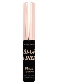 Tubetto nero con cappuccio rosa oro, etichettato "Colla Eyeliner", dettagli includono "Impermeabile 24 Ore" e "Colla Eyeliner a Lunga Durata 2 in 1."