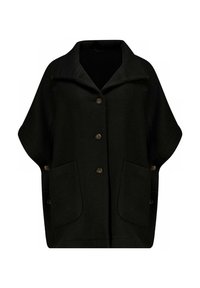 Zwarte oversized wollen cardigan met een kraag, vijf bruine knopen en twee zijzakken. Textuurstof met een relaxte pasvorm.