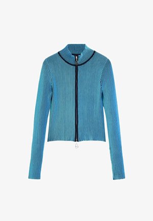 Kék, bordázott, cipzáras dzseki magas gallérral, hosszú ujjakkal és ezüst cipzárdíszítéssel. Texturált anyag függőleges csíkokkal.