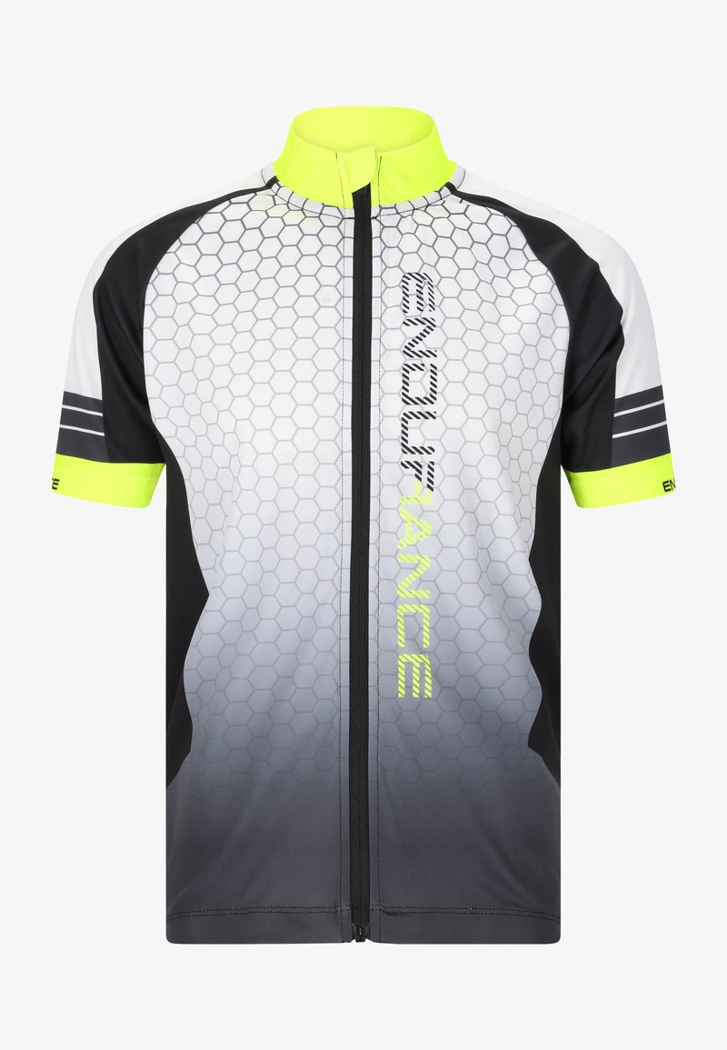 Kortärmad cykeltröja med ett hexagonmönster i vitt och svart, med en neongul krage och detaljer, samt en framdragkedja.