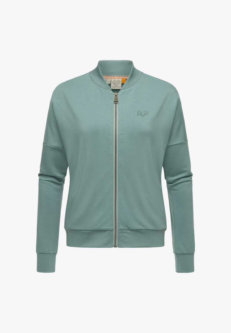 Giacca bomber verde chiaro realizzata in tessuto morbido. Presenta una zip frontale, polsini a coste e un piccolo logo ricamato sul petto.