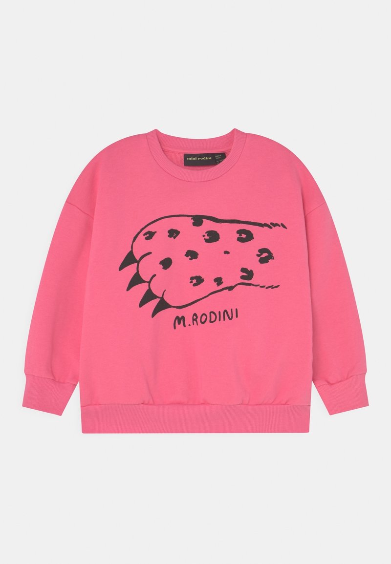 Rosa sweatshirt med svart klor grafik och fläckar. Har ribbade ärmslut och nederkant. Varumärket "M. Rodini" tryckt under designen.