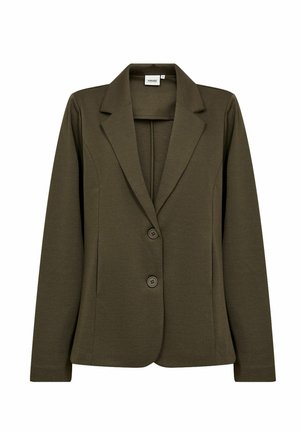 Λαδί tailored σακάκι με μακριά μανίκια, πέτο με σχισμή και δύο μπροστινά κουμπιά, εμφανίζεται σε λευκό φόντο.