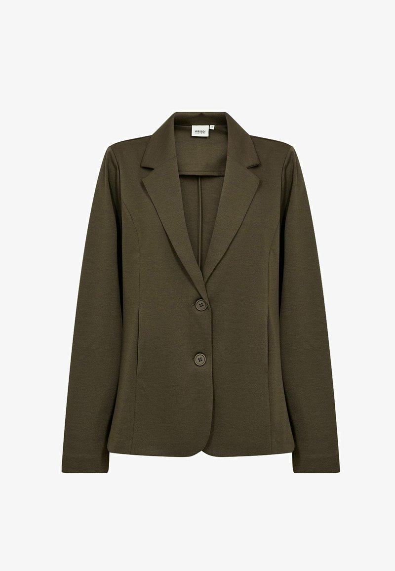 Λαδί tailored σακάκι με μακριά μανίκια, πέτο με σχισμή και δύο μπροστινά κουμπιά, εμφανίζεται σε λευκό φόντο.
