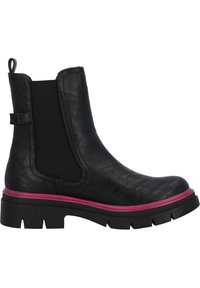 Botines negros con un acabado de cuero suave, paneles laterales elásticos y una franja de acento rosa. Cuentan con una suela de goma gruesa con tacos.