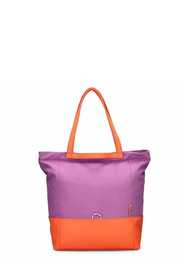 Borsa a tracolla viola e arancione realizzata in tessuto resistente, con manici rinforzati e un accento in anello argento sulla parte anteriore. Design spazioso per vari utilizzi.