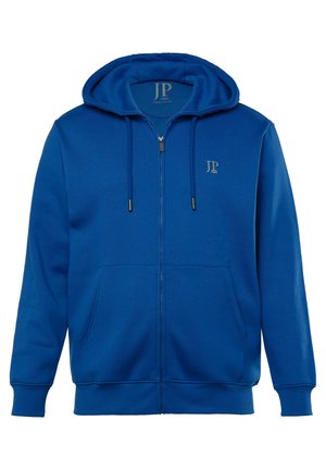 Felpa blu con zip realizzata in tessuto morbido, dotata di zip frontale, due tasche laterali e cappuccio con cordino. Logo dorato sul petto.