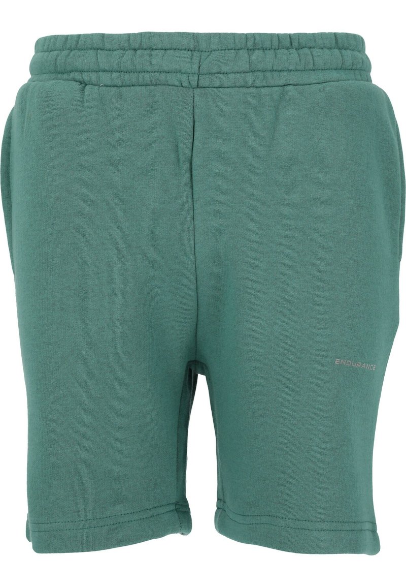 Gröna bomullsmix-shorts med elastisk midja, sidofickor och en sydd fåll. Har en liten "ENDURANCE"-logotyp fram.