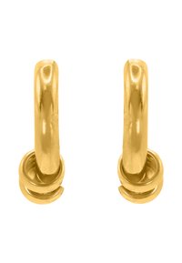 Orecchini a cerchio color oro con una finitura liscia e lucida, caratterizzati da un accento a spirale alla base. Design semplice e arrotondato.